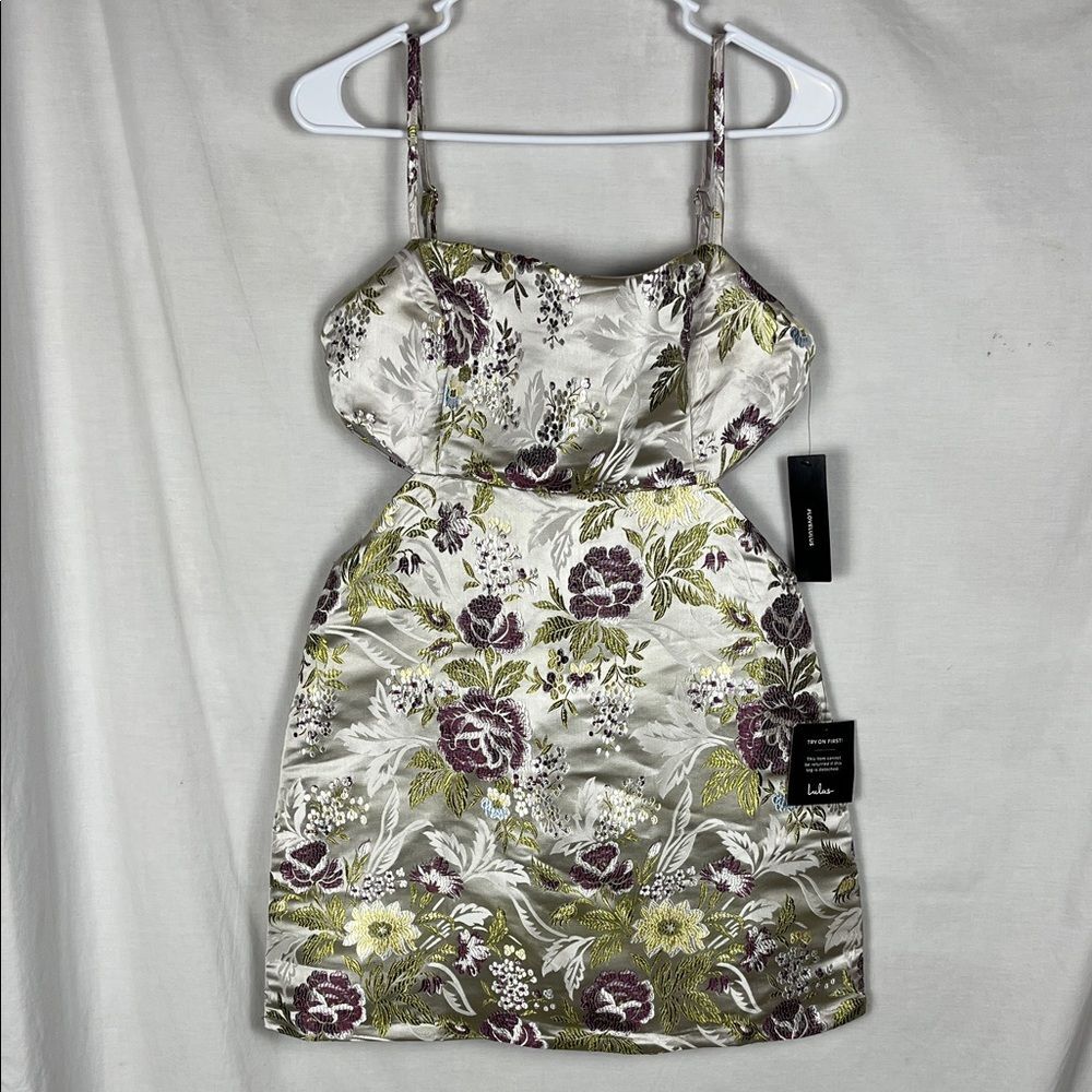 NWT Lulus Silver and Purple Floral Mini Dress with Side Cutouts